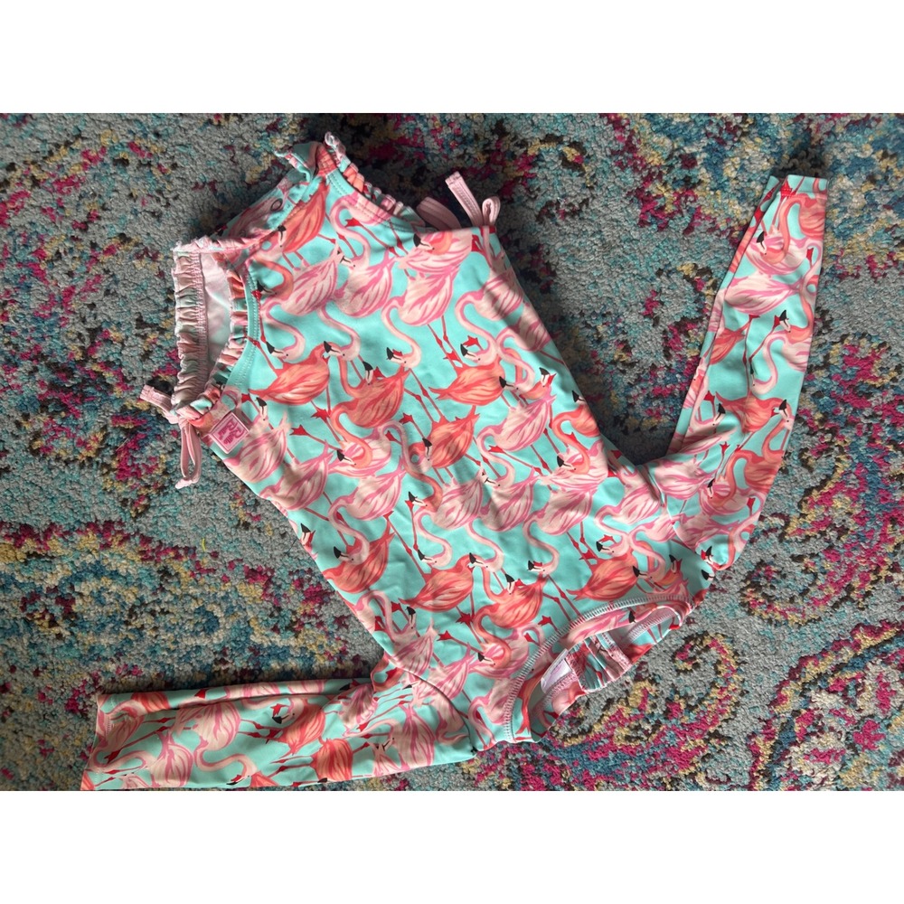 RuffleButts Girls Flamingo Long Sleeve One Piece Rash Guard Swimsuit 18-24M